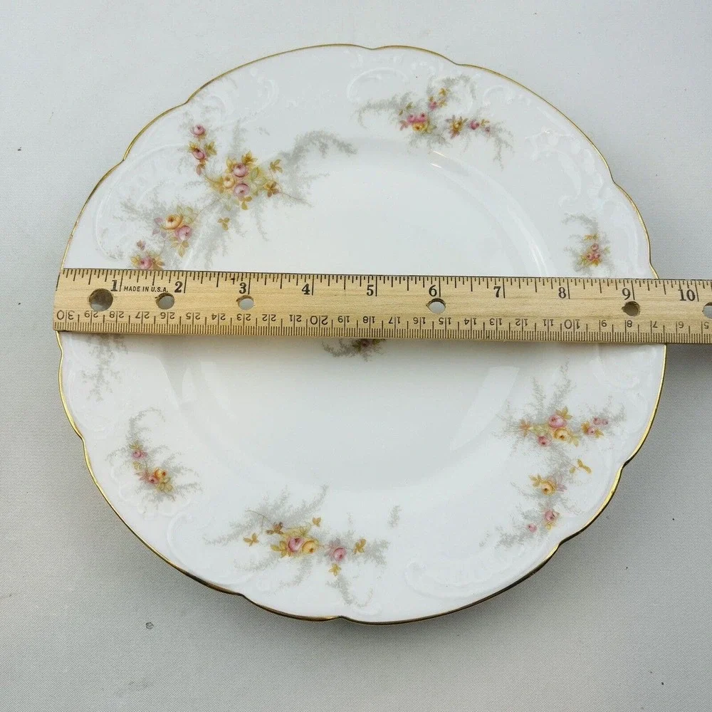 Limoges‎ Elite 6 Dinner Plate Lot Pink Yellow Floral Spray Gold Rim J.Mc.D&S